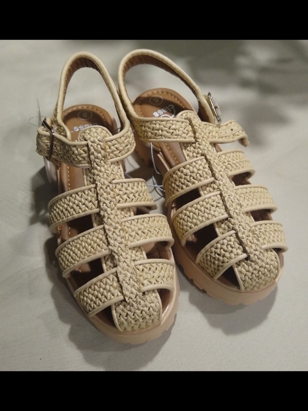 New art class Beige Woven Big Girls Sandals Size 5.